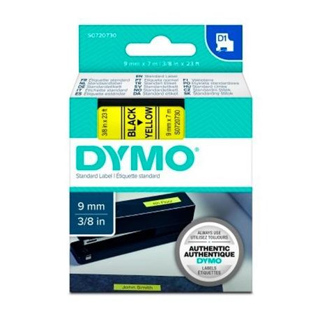 S0720730 DYMO CINTA DE TRANSFERENCIA TERMICA D1 40918. NEGRO SOBRE AMARILLO DE 9MMX7M. POLIESTER AUTOADHESIVA