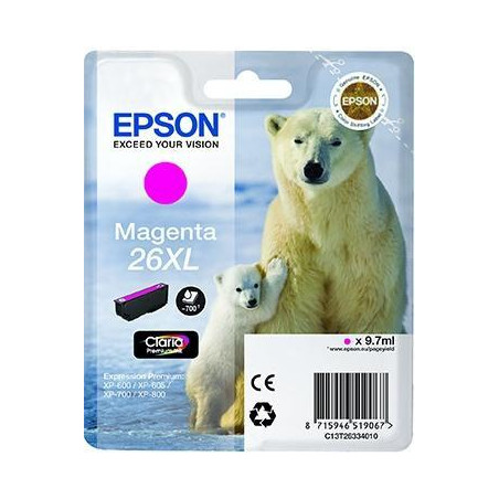 C13T26334012 EPSON TINTA MAGENTA CLARIA PREMIUM XP 510 520 600 605 610 615 620 625 700 710 720 800 810 820 - 26XL ALTA CAPACIDAD