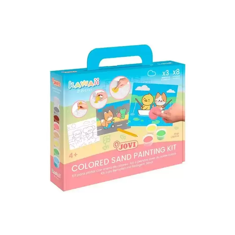 KW2101 JOVI KIT KAWAII PINTA CON ARENA DE COLORES CON 8 BOTES 45GR SURTIDOS + 3 LÁMINAS + PUNZÓN