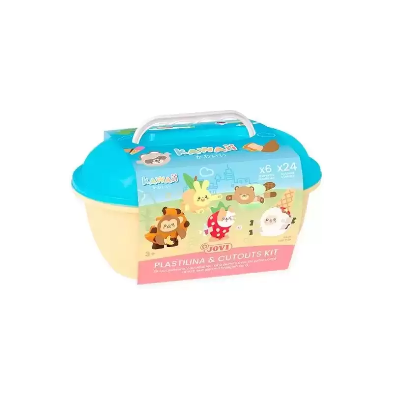 KW2203 JOVI COFRE KAWAII 24 PASTILLAS PLASTILINA 15GR + TROQUELADO0S + 3 ESPÁTULAS DE COLORES