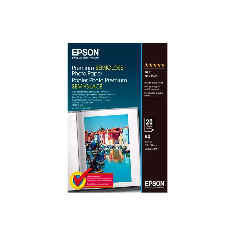 C13S041332 EPSON PAPEL FOTOGRÁFICO PREMIUM SEMIGLOSS A4 251GR INKJET PAQUETE 20H BLANCO SEMIBRILLO