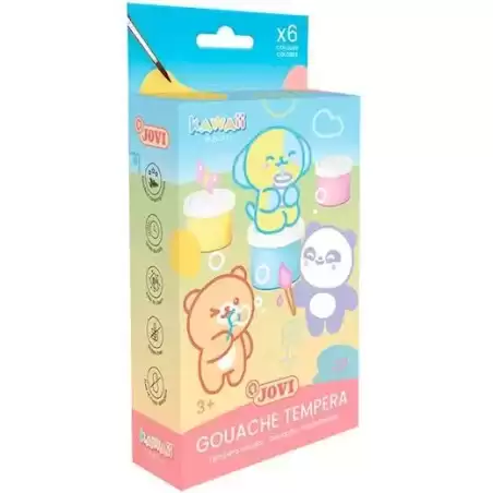 KW507P JOVI TÉMPERA KAWAII ESTUCHE 6 BOTES 35ML + PINCEL COLORES SURTIDOS PASTEL