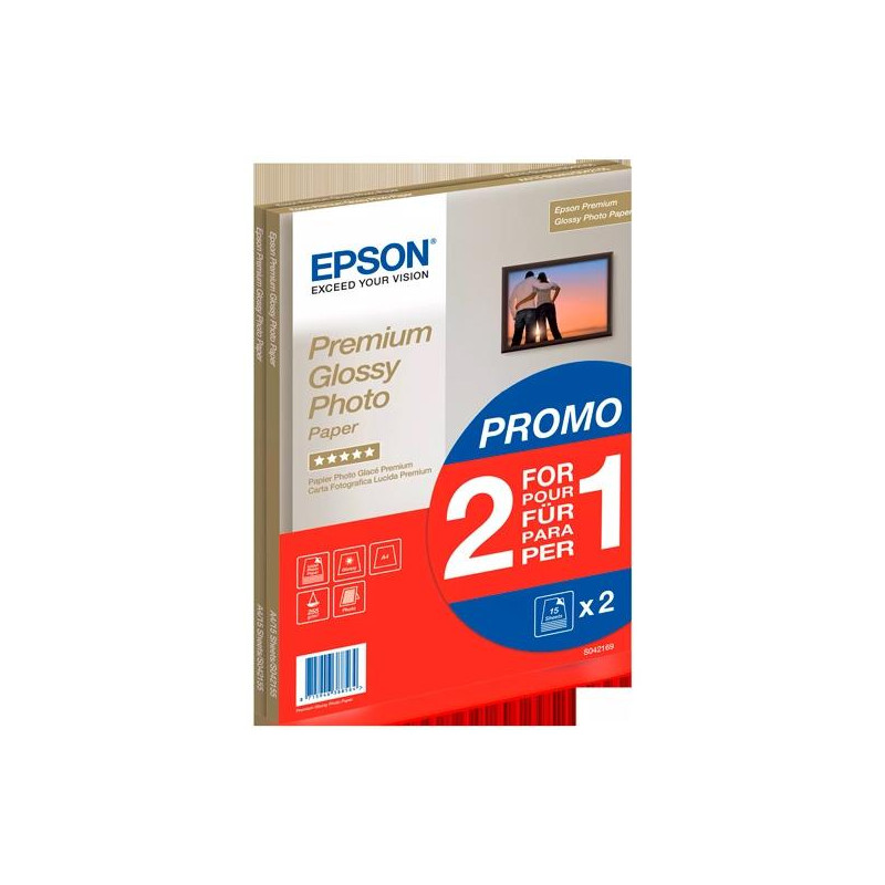 C13S042169 EPSON PAPEL PREMIUM GLOSSY PHOTO A4 255GR PAQUETE 15H PROMOCIÓN 2X1 BLANCO BRILLO