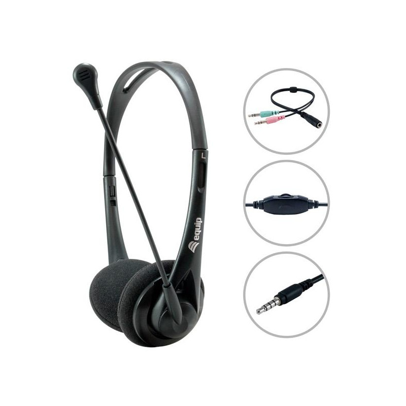 245302 EQUIP AURICULARES ESTÉREO JACK 3.5MM ULTRALIGEROS CON MICRÓFONO FLEXIBLE AJUSTABLE NEGRO