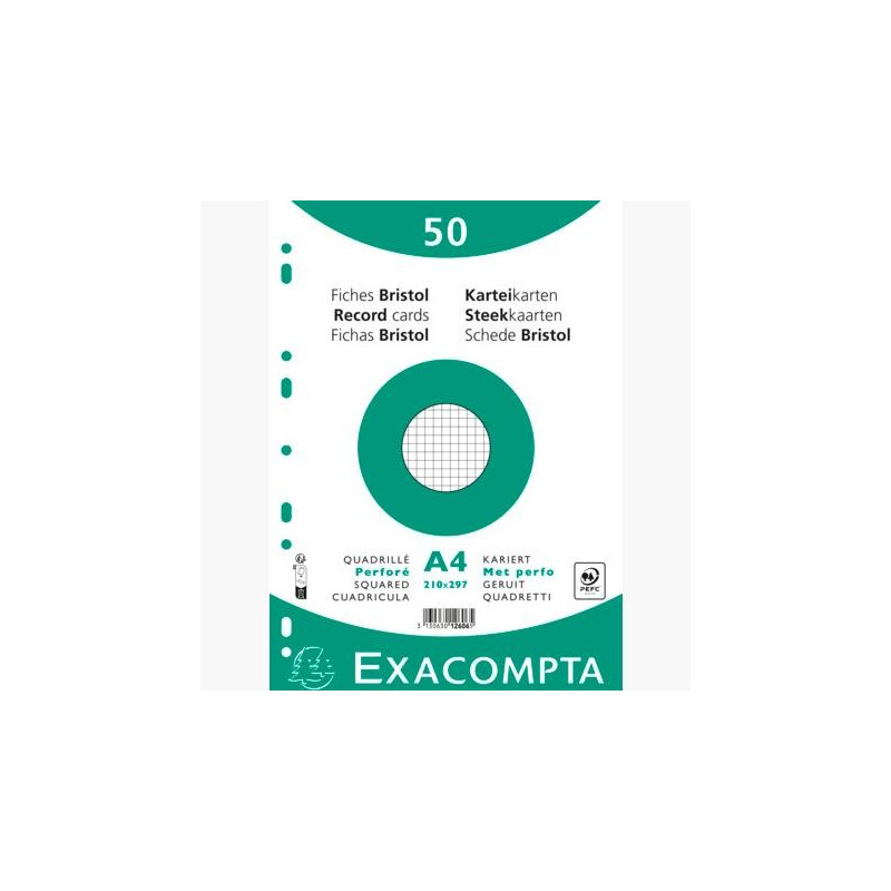 12606E EXACOMPTA FICHAS CARTULINA BRISTOL TALADRO A4 CUADRÍCULA 5X5 PACK DE 50 BLANCO