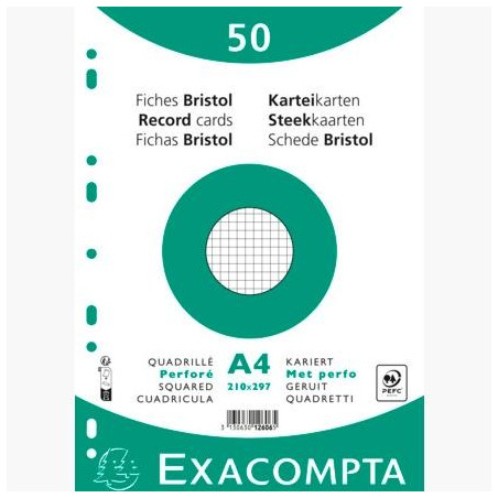 12606E EXACOMPTA FICHAS CARTULINA BRISTOL TALADRO A4 CUADRÍCULA 5X5 PACK DE 50 BLANCO