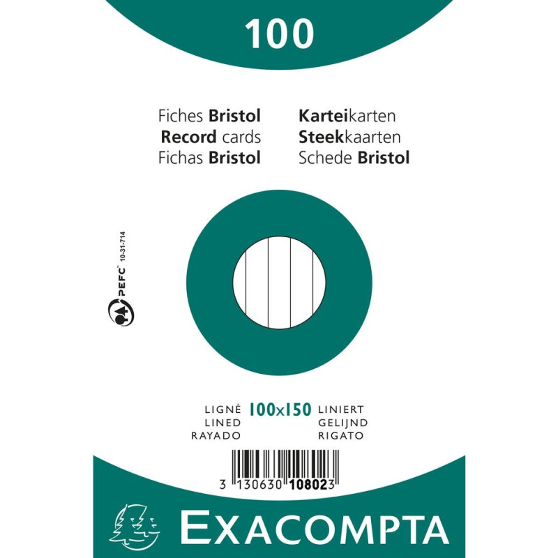 10802X EXACOMPTA PAQUETE 100 FICHAS CARTULINA BRISTOL RETRACTIL LINEA HORIZONTAL SIN TALADRO 100X150MM BLANCO