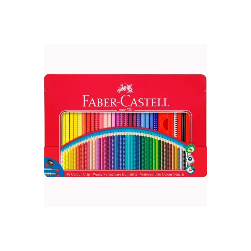 112448 FABER CASTELL LÁPICES COLOUR GRIP + ACCESORIOS C/SURTIDOS ESTUCHE DE METAL 48 UD