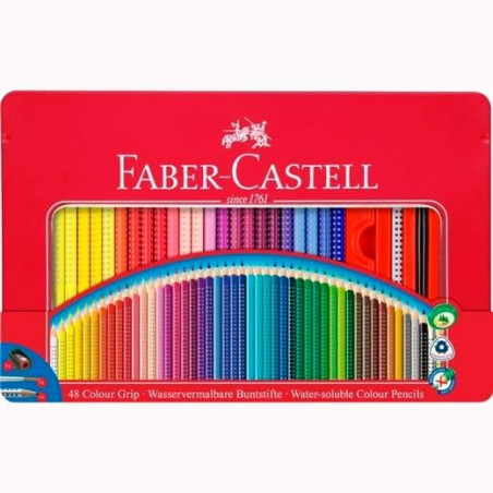 112448 FABER CASTELL LÁPICES COLOUR GRIP + ACCESORIOS C/SURTIDOS ESTUCHE DE METAL 48 UD