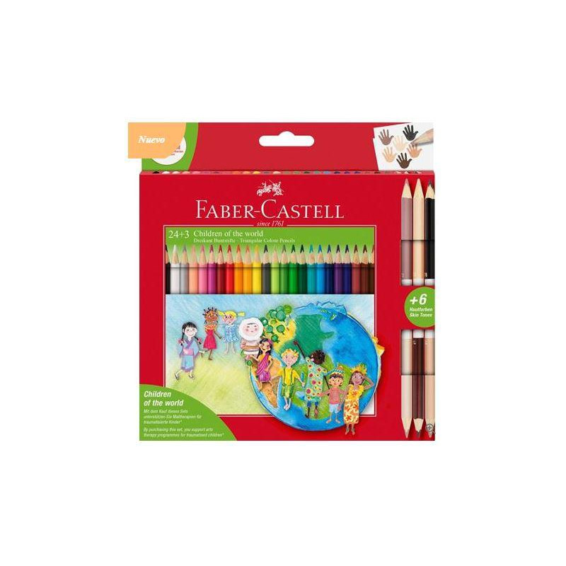 201745 FABER CASTELL ESTUCHE 24+3 LÁPICES DE COLORES GRIP NIÑOS DEL MUNDO SURTIDOS + 6 TONOS PIEL BICOLOR SURTIDOS