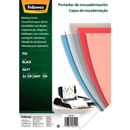 5100301 FELLOWES PORTADAS ENCUADERNACIÓN A4 180 MICRAS PVC OPACO NEGRO PACK 100 UD