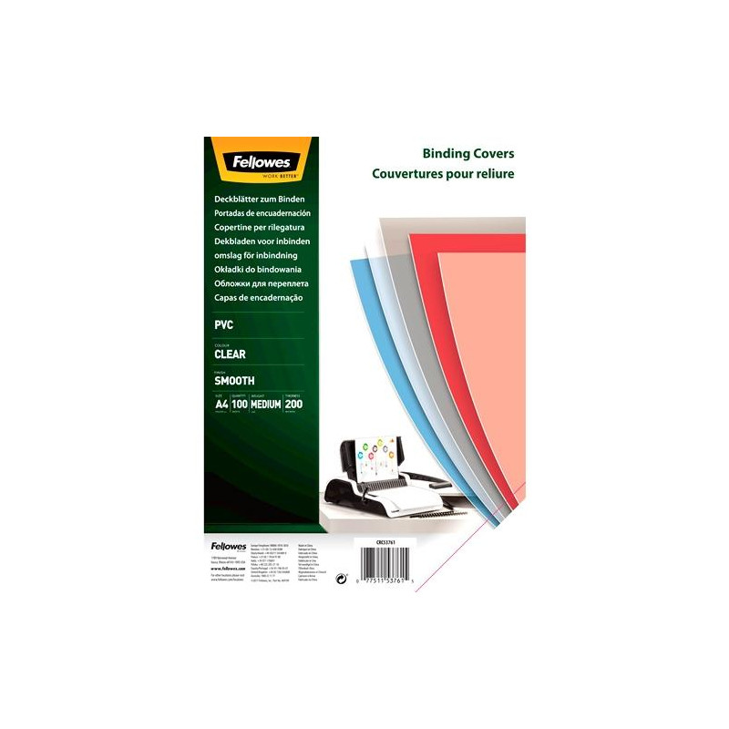 5376102 FELLOWES PORTADAS ENCUADERNACIÓN A4 PVC 200 MICRAS TRANSPARENTE PACK 100 UD