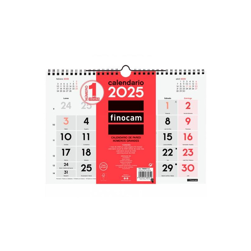 780000025 FINOCAM CALENDARIO DE PARED NÚMEROS GRANDES M-300X210MM NEUTRO 2025