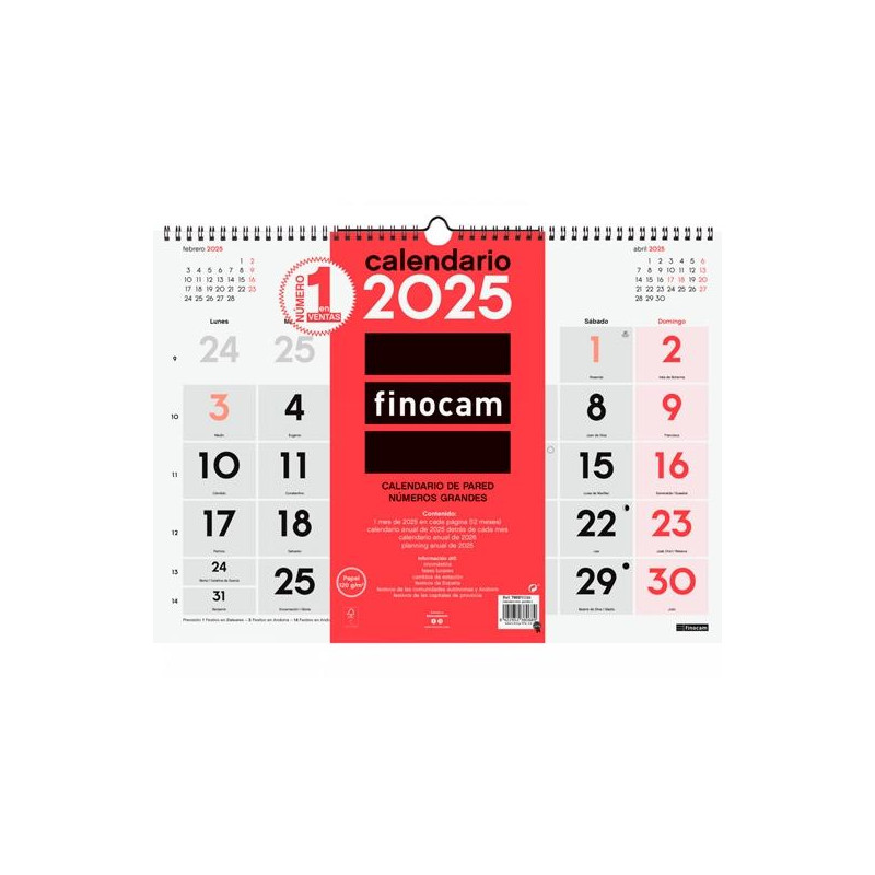 780010025 FINOCAM CALENDARIO DE PARED NÚMEROS GRANDES L-430X310MM NEUTRO 2025