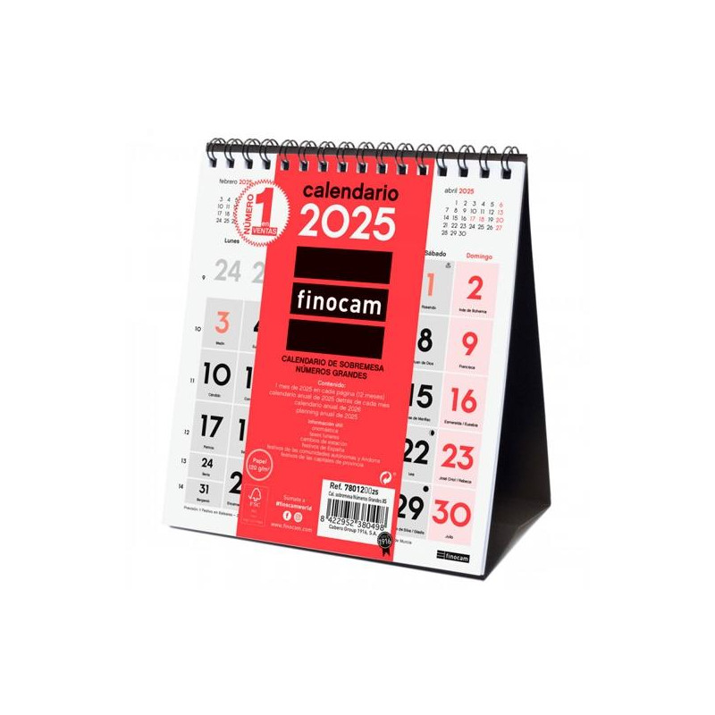 780120025 FINOCAM CALENDARIO DE SOBREMESA NÚMEROS GRANDES XS-140X150MM NEUTRO 2025