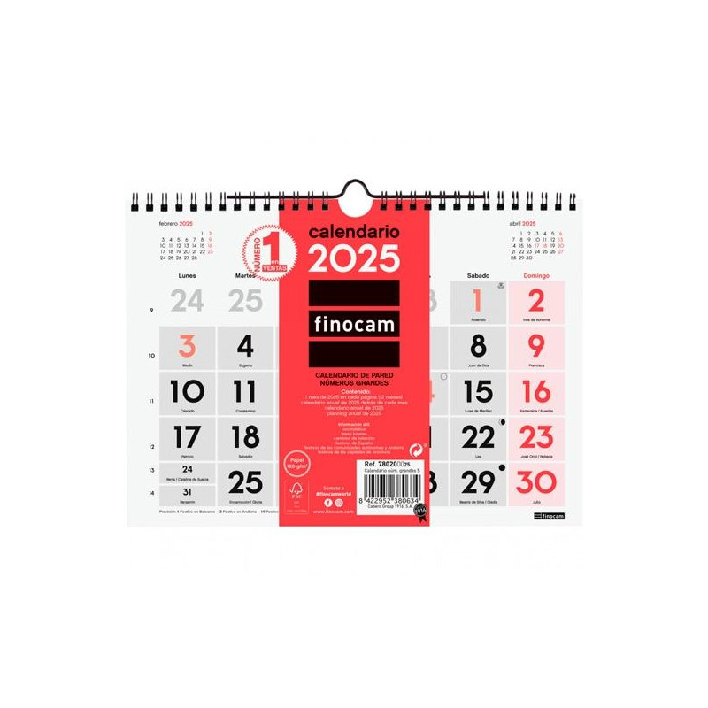 780200025 FINOCAM CALENDARIO DE PARED NÚMEROS GRANDES S-210X150MM NEUTRO 2025