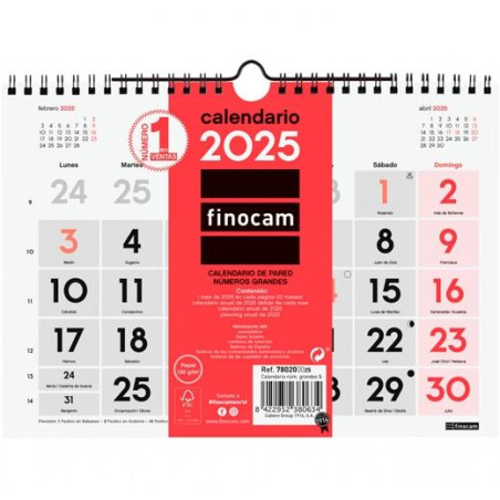 780200025 FINOCAM CALENDARIO DE PARED NÚMEROS GRANDES S-210X150MM NEUTRO 2025