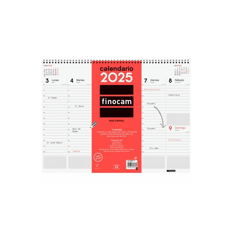 780260025 FINOCAM VADE CALENDARIO ESPIRAL 420X310MM SEMANA VISTA NEUTRO 2025