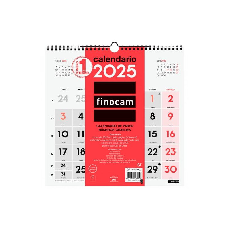 780570025 FINOCAM CALENDARIO DE PARED NÚMEROS GRANDES 300X300MM NEUTRO 2025