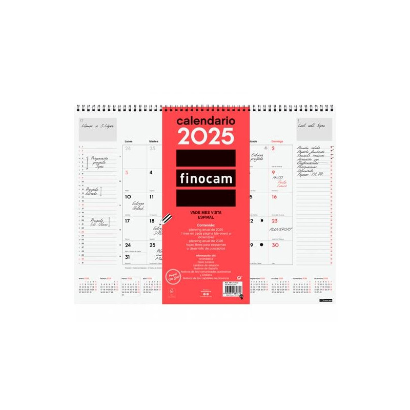 781310025 FINOCAM VADE CALENDARIO ESPIRAL 420X310MM MES VISTA NEUTRO 2025