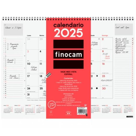 781310025 FINOCAM VADE CALENDARIO ESPIRAL 420X310MM MES VISTA NEUTRO 2025