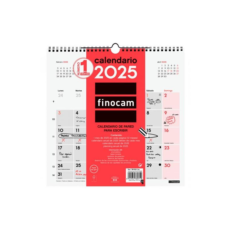 781520025 FINOCAM CALENDARIO DE PARED PARA ESCRIBIR 300X300MM NEUTRO 2025