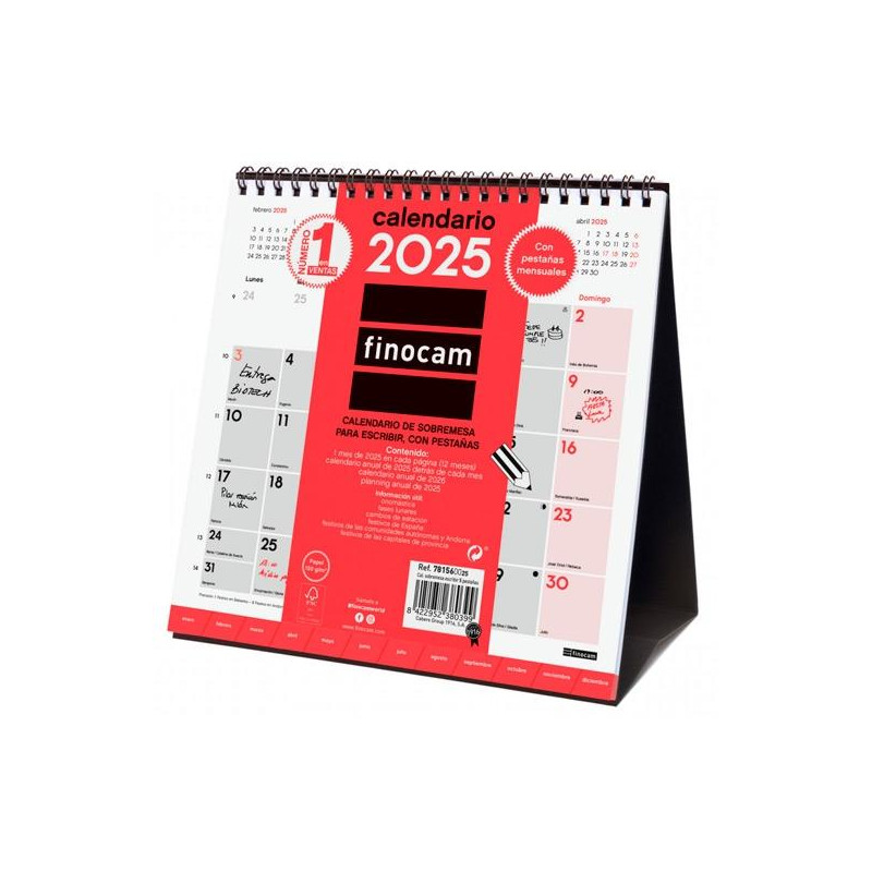 781560025 FINOCAM CALENDARIO DE SOBREMESA PARA ESCRIBIR S-190X190MM CON PESTAÑAS NEUTRO 2025