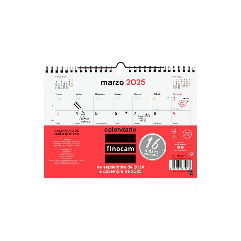 782040025 FINOCAM CALENDARIO DE PARED 16 MESES 210X150MM NEUTRO 2024-2025