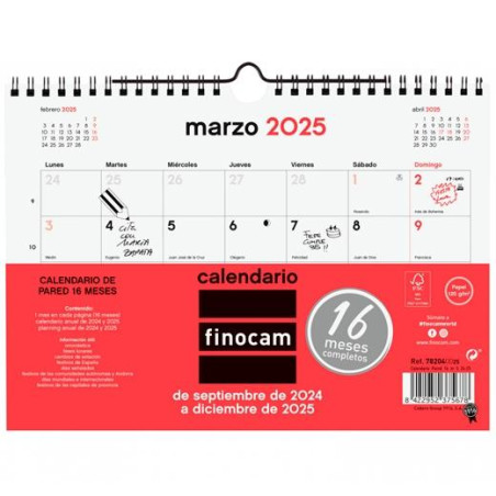 782040025 FINOCAM CALENDARIO DE PARED 16 MESES 210X150MM NEUTRO 2024-2025