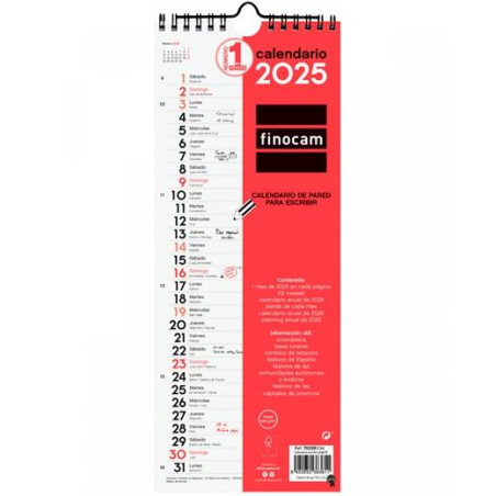 782080025 FINOCAM CALENDARIO DE PARED PARA ESCRIBIR LARGO M-130X330MM NEUTRO 2025