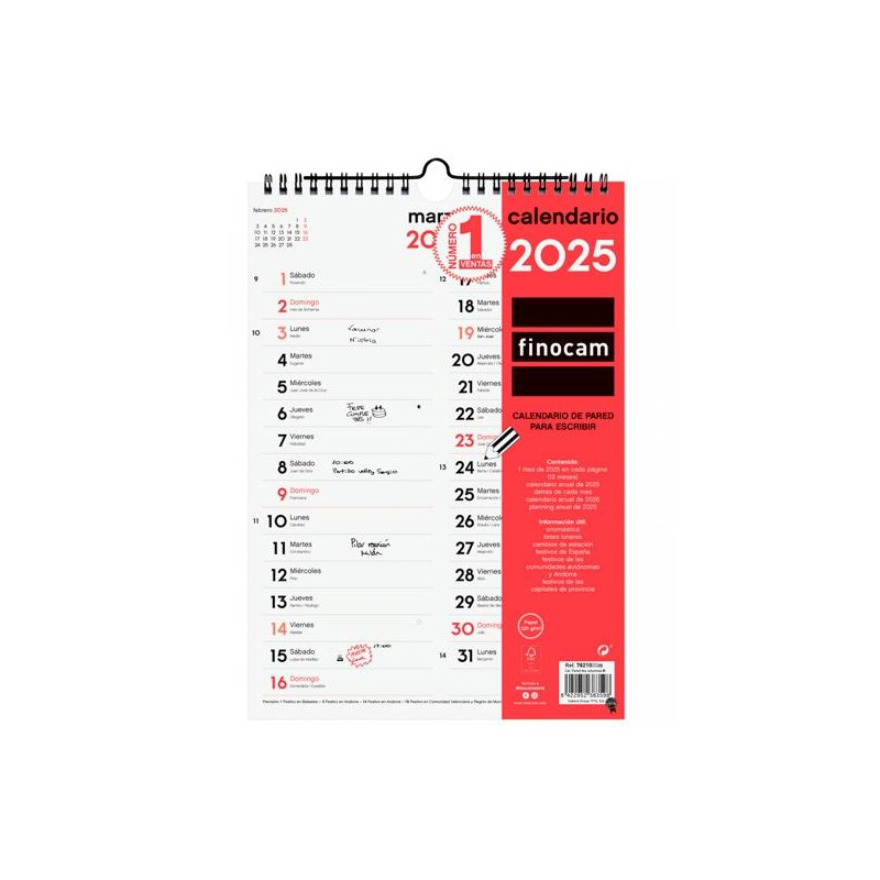 782100025 FINOCAM CALENDARIO DE PARED PARA ESCRIBIR DOS COLUMNAS M-210X300MM NEUTRO 2025