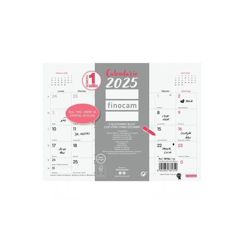 787047325 FINOCAM CALENDARIO BLOC CON IMÁN PARA ESCRIBIR S-210X150MM CHIC BLANCO 2025