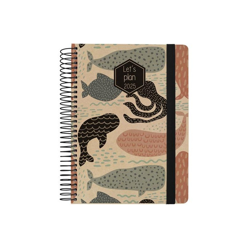 70306902 GRAFOPLAS AGENDA ANUAL NATURE DESIGN ESPIRAL 15X21CM D/P CIERRE C/GOMA BALLENAS 2025