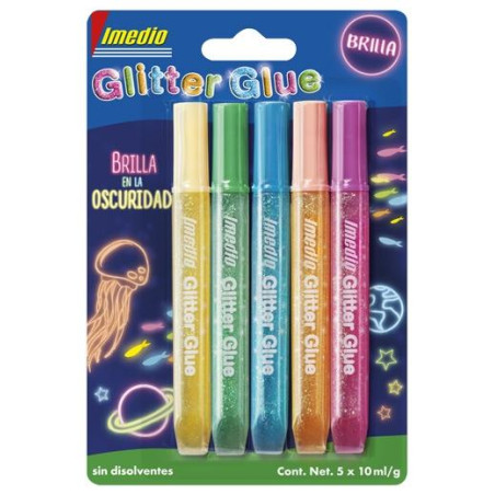 7001470 IMEDIO ADHESIVO GLITTER GLUE BRILLA EN LA OSCURIDAD TUBO 10ML BLÍSTER 5 C/SURTIDOS