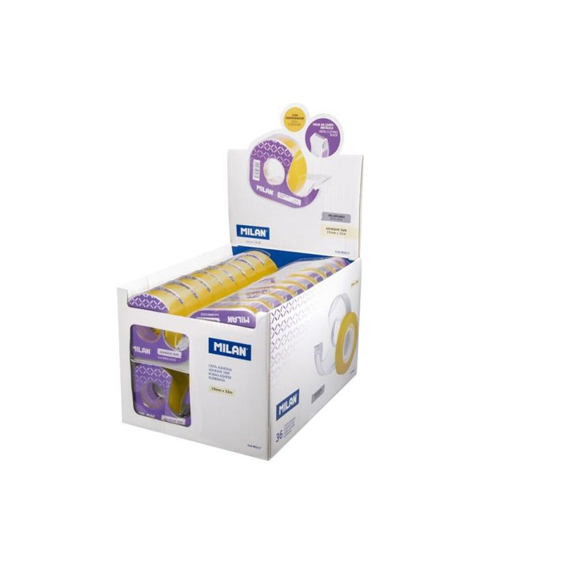 80217 MILAN CINTA ADHESIVA TRANSPARENTE ROLLO 19MM X 33M C/DISPENSADOR EXPOSITOR 36U C/SURTIDOS