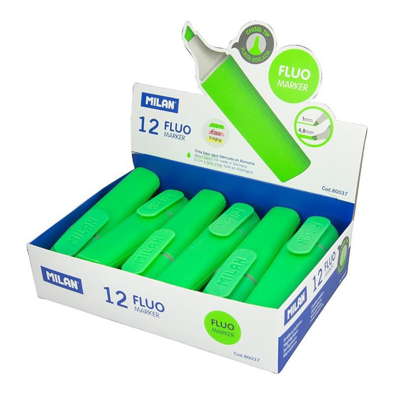 80037 MILAN MARCADOR FLUORESCENTE FLUO VERDE PUNTA BISELADA CAJA EXPOSITORA 12 UD