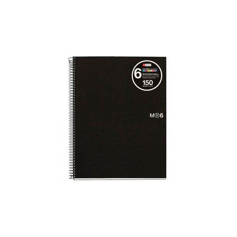 MR2824 MIQUELRIUS CUADERNO ESPIRAL 150H A4 5X5MM 70GR 4 TALADROS MICROPERFORADO 6 BANDAS COLOR TAPA PP NEGRO