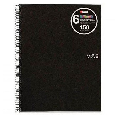 MR2827 MIQUELRIUS CUADERNO ESPIRAL 150H A5 5X5MM 70GR 2 TALADROS MICROPERFORADO 6 BANDAS COLOR TAPA PP NEGRO