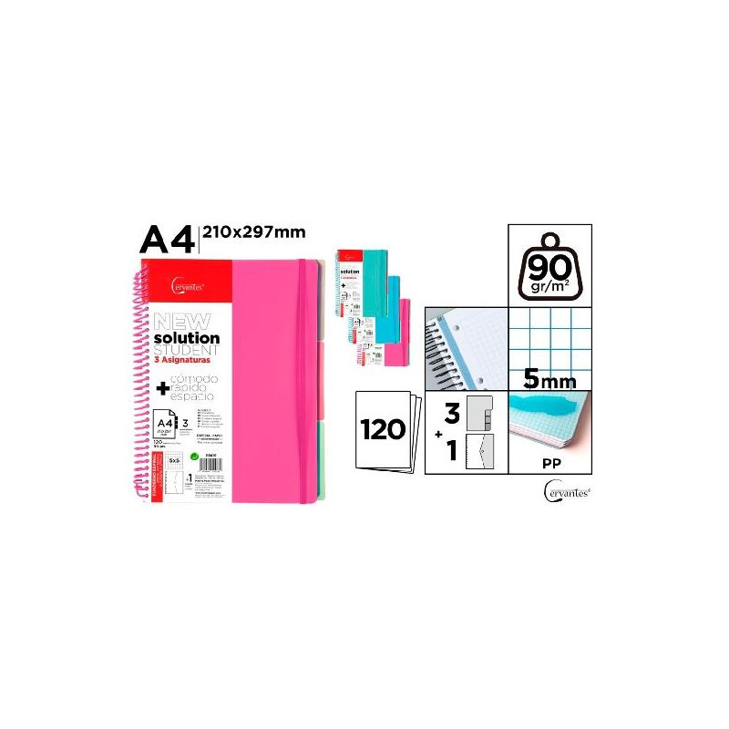 PB419 CUADERNO ESPIRAL A4 120H 90GR 3 SEPARADORES 5X5 TAPA PP TRANSLÚCIDO PACK DE 5 C/SURTIDOS