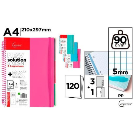 PB419 CUADERNO ESPIRAL A4 120H 90GR 3 SEPARADORES 5X5 TAPA PP TRANSLÚCIDO PACK DE 5 C/SURTIDOS