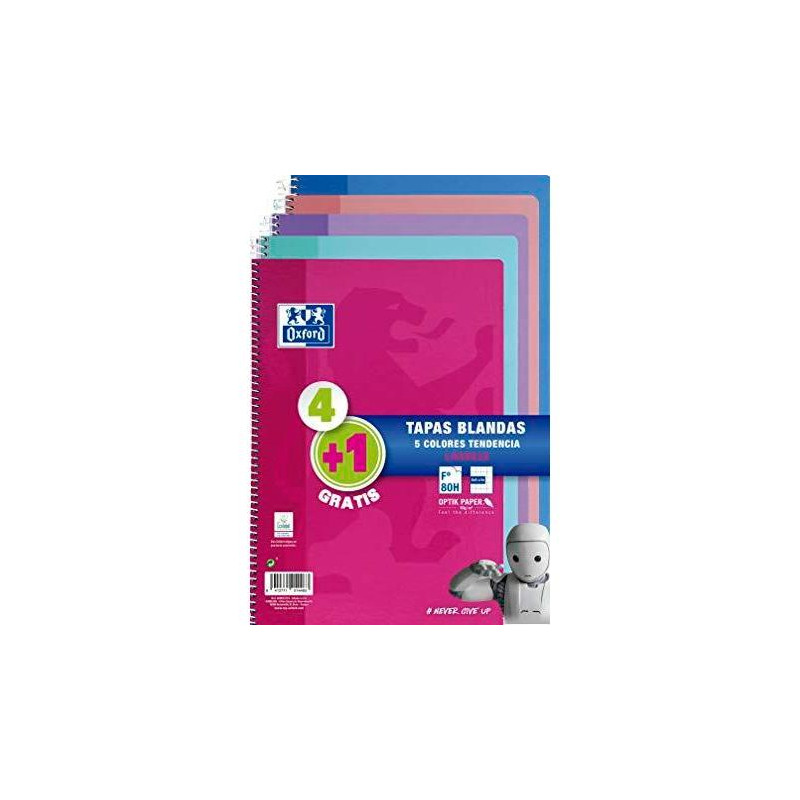 400072719 OXFORD CUADERNO ESPIRAL 80H FOLIO 4X4M C/MARGEN TAPA BLANDA PACK 4+1 UD C/SURTIDOS TENDENCIA