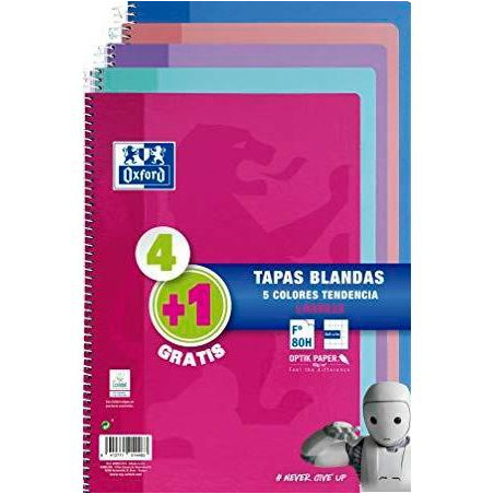 400072719 OXFORD CUADERNO ESPIRAL 80H FOLIO 4X4M C/MARGEN TAPA BLANDA PACK 4+1 UD C/SURTIDOS TENDENCIA