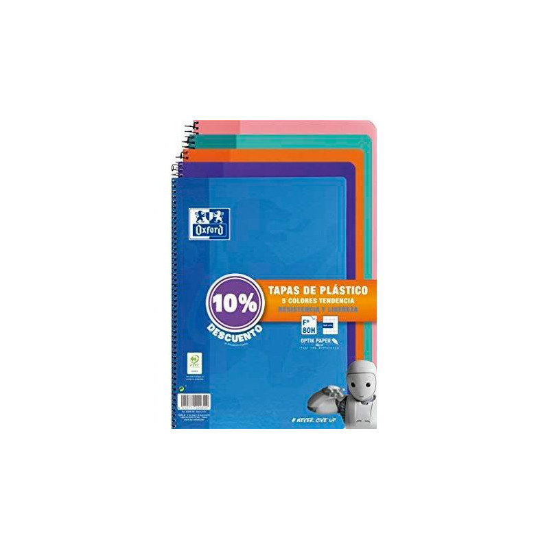 400091366 OXFORD CUADERNO ESPIRAL 80H FOLIO 4X4MM C/MARGEN TAPA DE PLÁSTICO PACK 5 UD (10% DTO) C/SURTIDOS TENDENCIA