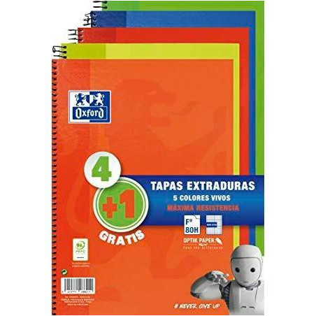 400122761 OXFORD CUADERNO ESPIRAL WRITE&ERASE 80H FOLIO 4X4MM C/MARGEN TAPA EXTRADURA PACK 4+1 UD C/SURTIDOS VIVOS