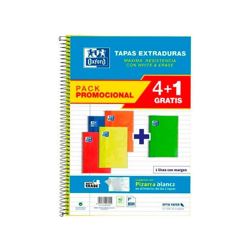 400172032 OXFORD CUADERNO ESPIRAL CLASSIC WHITE&ERASE 80H FOLIO 1 LÍNEA T/EXTRADURA PACK 4+1 C/SURTIDOS