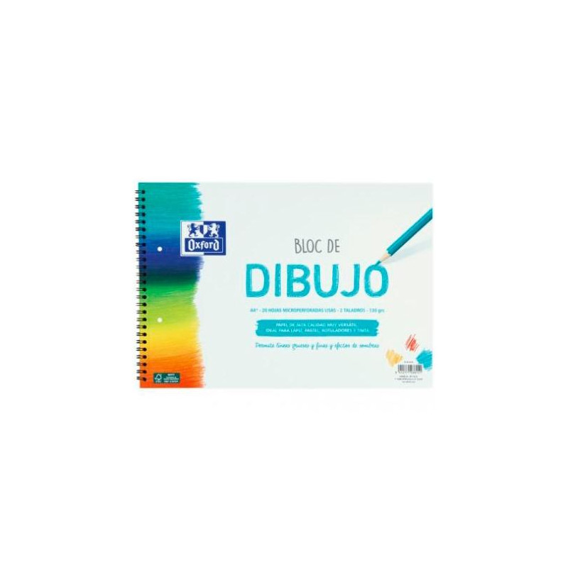 400148235 OXFORD BLOC DIBUJO ESCOLAR MULTITALADRO 2 T/ BLANDA ESPIRAL 20H 130GR A4+ LISO BLANCO