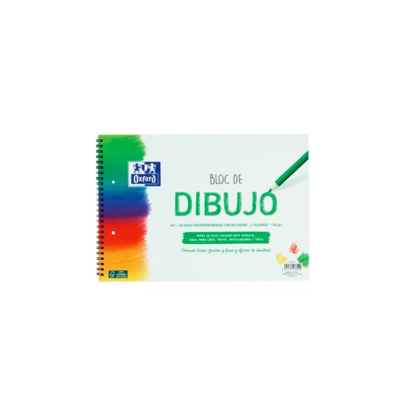 400148236 OXFORD BLOC DIBUJO ESCOLAR MULTITALADRO 2 T/ BLANDA ESPIRAL 20H 130GR A4+ C/ RECUADRO LISO BLANCO