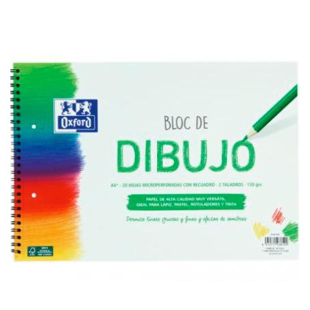 400148236 OXFORD BLOC DIBUJO ESCOLAR MULTITALADRO 2 T/ BLANDA ESPIRAL 20H 130GR A4+ C/ RECUADRO LISO BLANCO