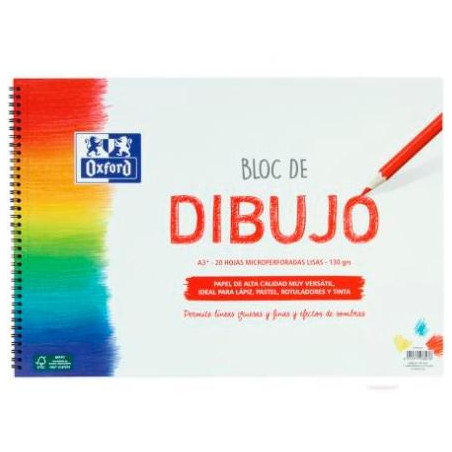 400148237 OXFORD BLOC DIBUJO ESCOLAR T/ BLANDA ESPIRAL 20H 130GR A3+ LISO BLANCO