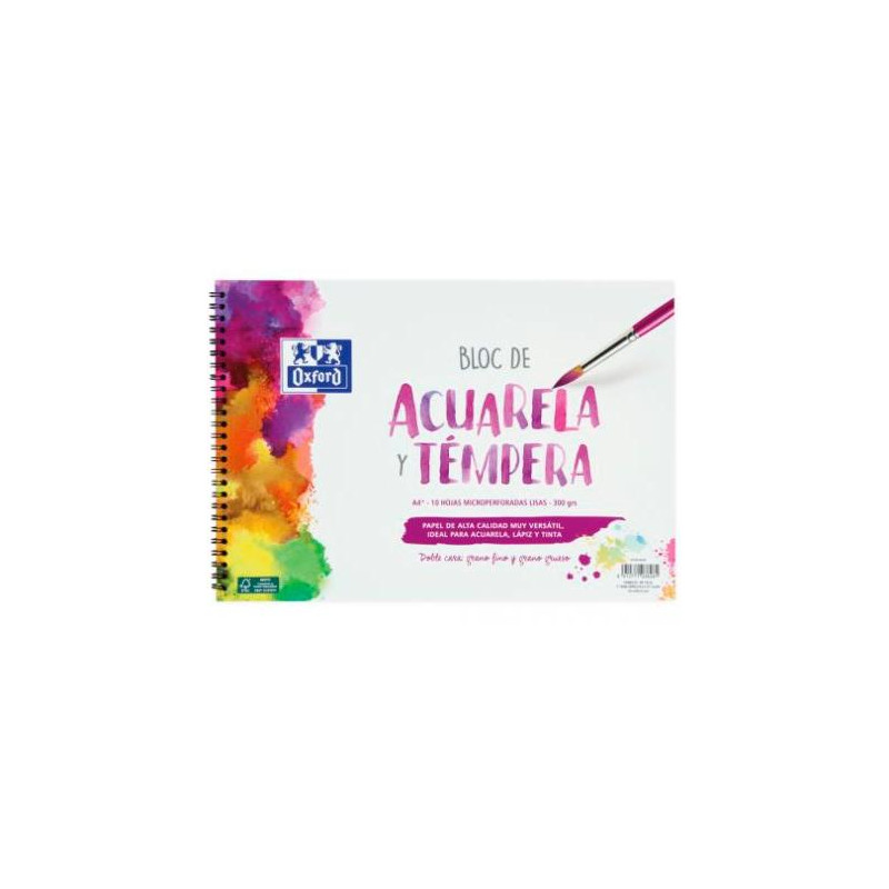 400148238 OXFORD BLOC PINTURA ACUARELA Y TÉMPERA 10H 300GR ESPIRAL A4+ LISO BLANCO